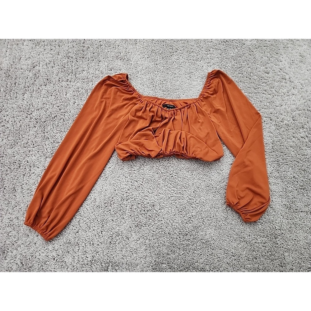 Forever 21 Crop Top Womens M Rust Orange Long Sleeve Square Neck Puffy Boho